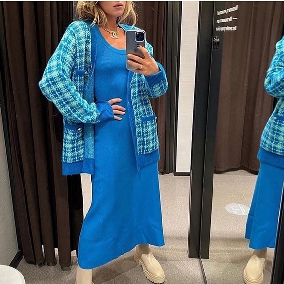 Zara * Plaid Knit Long Cardigan Jacket Blue - Picture 4 of 14